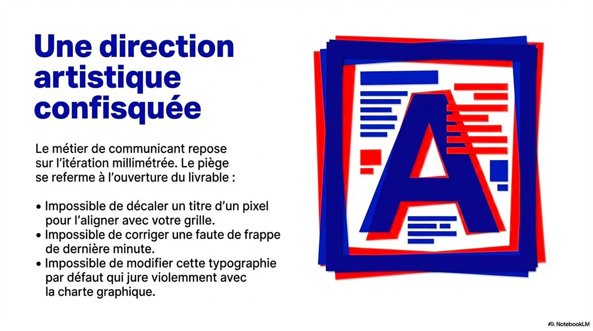 Lettre A stylisée avec des calques superposés illustrant l'impossibilité de modifier la typographie ou les grilles sur un export PPTX rastérisé.