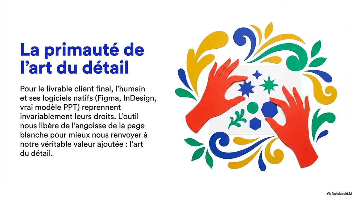 Mains de designer manipulant des formes géométriques, représentant le retour aux logiciels de conception natifs pour la direction artistique.