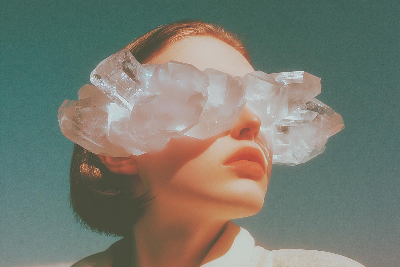 Le mirage algorithmique Portrait d'un visage dont le regard est masqué par un nuage de cristaux