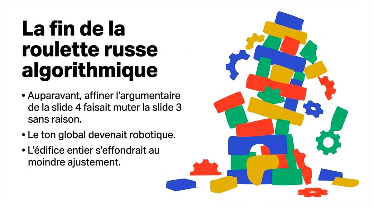 Tour de blocs colorés qui s'effondre, illustrant la fin de la roulette russe lors de la correction de slides générées par IA.