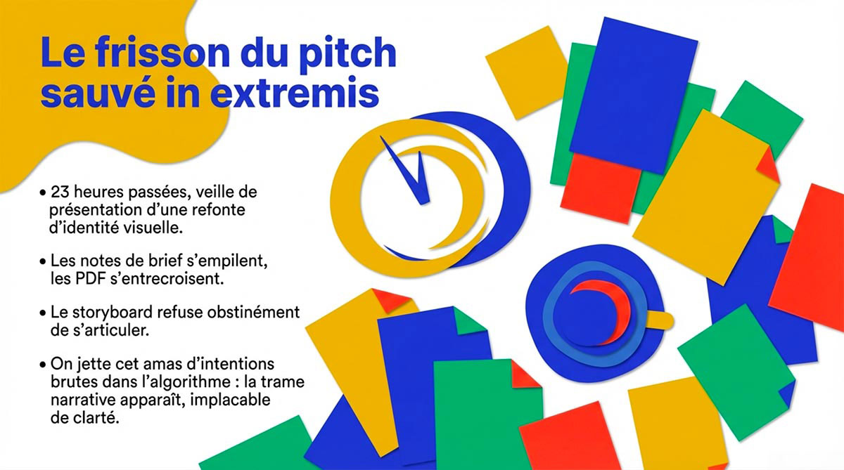 Illustration d'une horloge et de dossiers représentant la génération extrêmement rapide de slides de présentation par l'algorithme de NotebookLM.