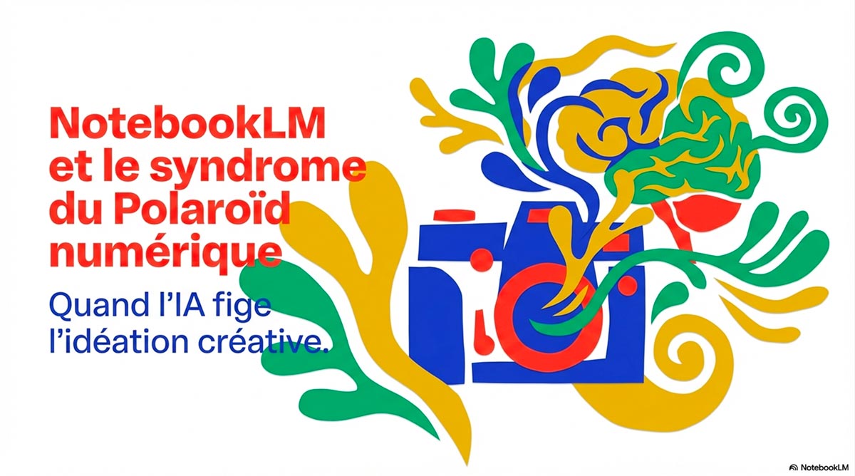 Diapositive de présentation sur NotebookLM et le syndrome du Polaroïd numérique avec une illustration de cerveau et d'appareil photo.