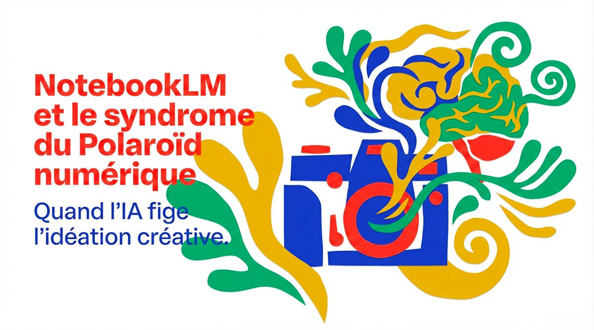 Diapositive de présentation sur NotebookLM et le syndrome du Polaroïd numérique avec une illustration de cerveau et d'appareil photo.
