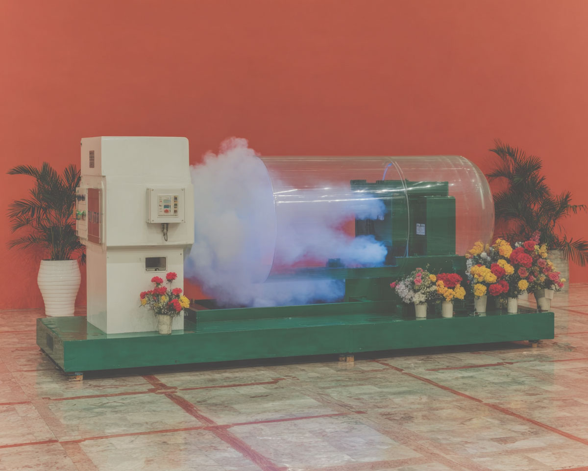 La soif énergétique des data centers Machine industrielle générant de la fumée contenue dans un cylindre transparent entouré de fleurs, évoquant le choc entre l'industrie technologique et le monde physique.