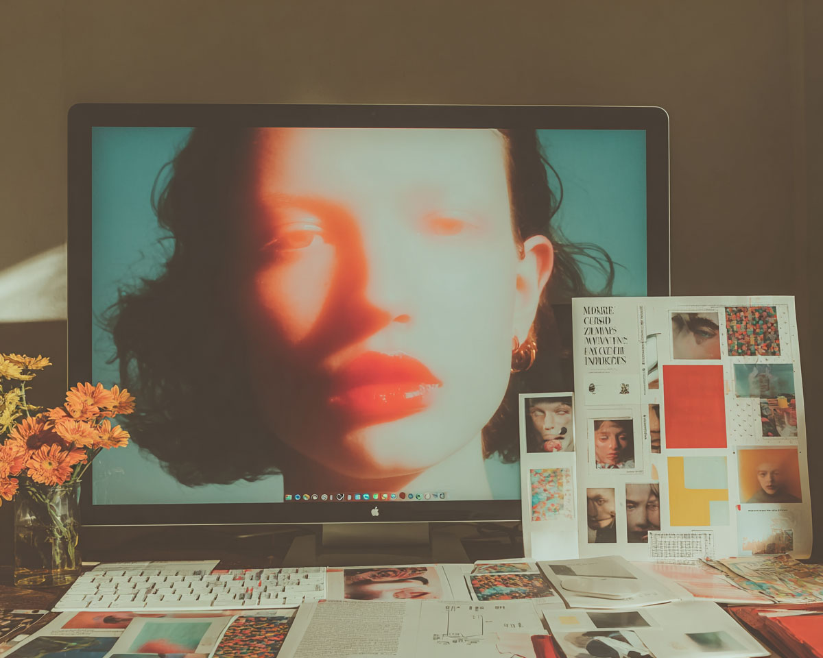 L'espace de travail du créateur de demain Écran d'ordinateur affichant un visage stylisé, posé sur un bureau d'artiste jonché de planches de tendances, de coupures de presse et de fleurs.