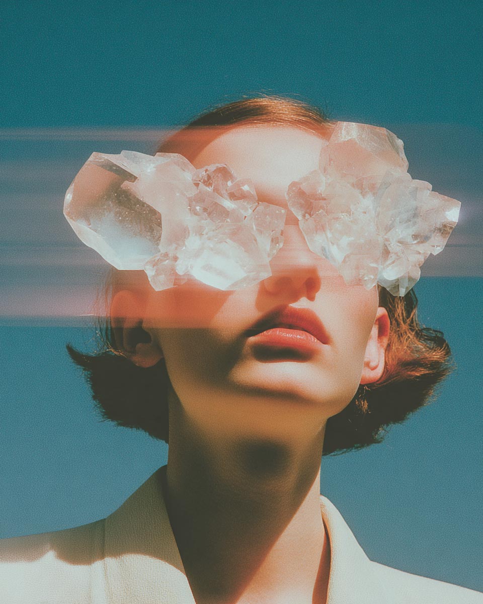 Portrait conceptuel d'un visage dont le regard est totalement obstrué par des cristaux translucides, symbolisant l'aveuglement de l'industrie tech face au mirage de l'AGI d'ici 2030.