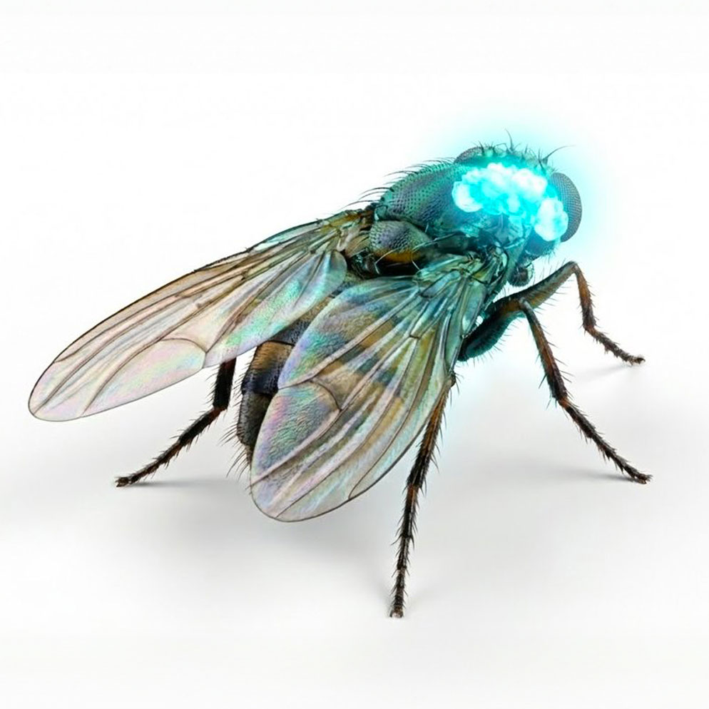 Illustration d'une mouche avec un cerveau numérique lumineux bleu, symbolisant le concept d'émulation biologique par EON Systems.