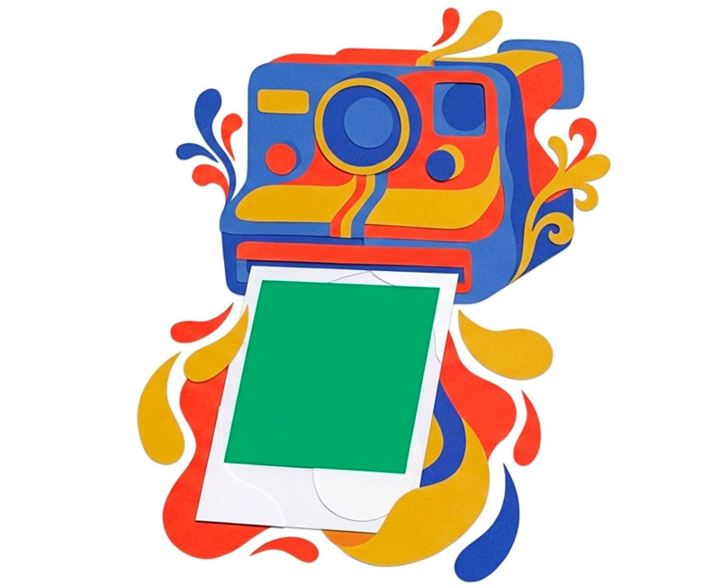 Appareil photo instantané coloré illustrant la métaphore du Polaroïd numérique pour la création de slides IA avec NotebookLM.