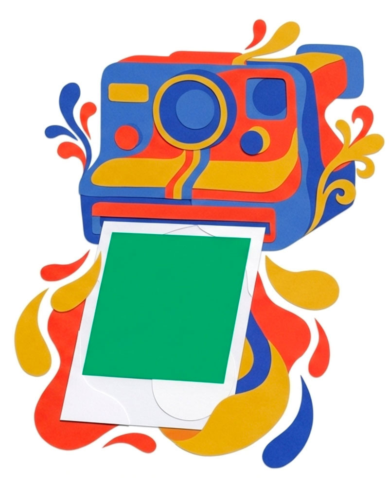 Appareil photo instantané coloré illustrant la métaphore du Polaroïd numérique pour la création de slides IA avec NotebookLM.