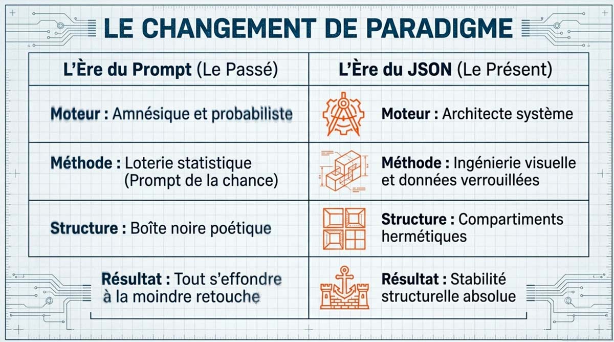 Comparatif : L'ère du Prompt vs L'ère du JSON Tableau comparatif entre l'ère du prompt aléatoire et l'ère du JSON structuré pour maîtriser son image IA.