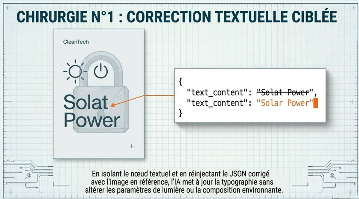 Correction textuelle ciblée via JSON Exemple de correction typographique passant de Solat Power à Solar Power grâce à une modification d'un nœud JSON.