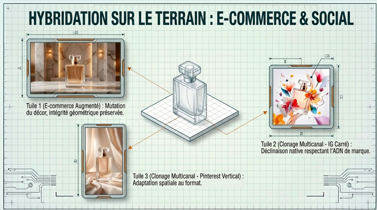 Hybridation sur le terrain : déclinaisons multicanales Flacon de parfum modélisé en 3D décliné en plusieurs formats pour le e-commerce, Instagram et Pinterest en conservant son intégrité.