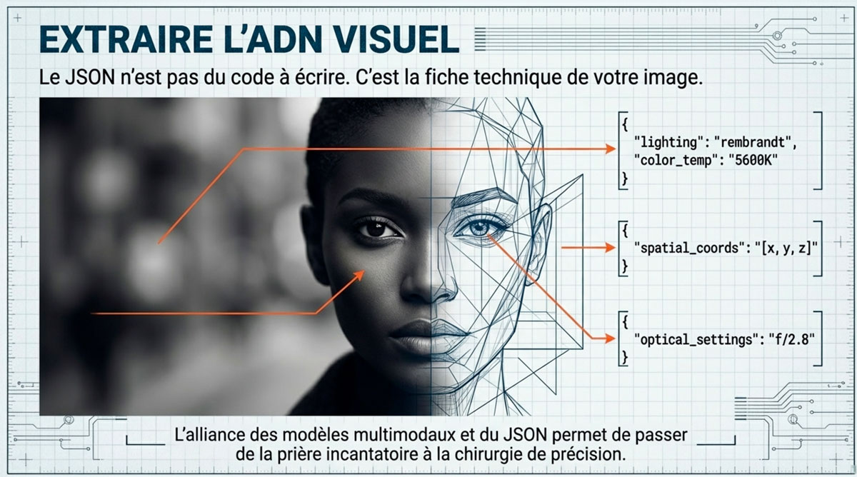 Extraire l'ADN visuel d'une image avec le JSON Visage féminin séparé en deux, moitié réaliste et moitié modélisation 3D avec des extraits de code JSON pour l'éclairage et l'optique.