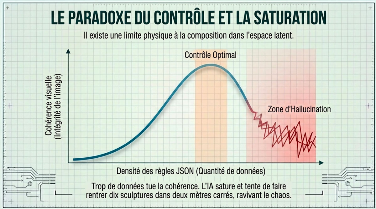 Le paradoxe du contrôle et la saturation de l'espace latent Graphique en courbe montrant l'évolution de la cohérence visuelle d'une image IA en fonction de la densité des règles JSON.