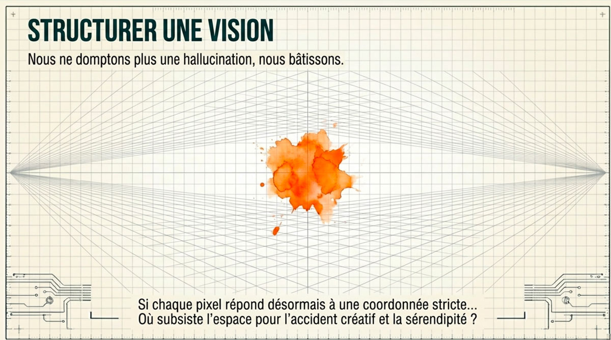 Structurer une vision vs l'accident créatif Tache d'encre aquarelle orange au centre d'une grille de perspective numérique, symbolisant l'accident créatif.