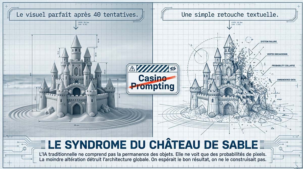 Le syndrome du château de sable en génération d'image IA Illustration du syndrome du château de sable en génération d'image IA, opposant un visuel intact à un visuel détruit par un casino prompting.
