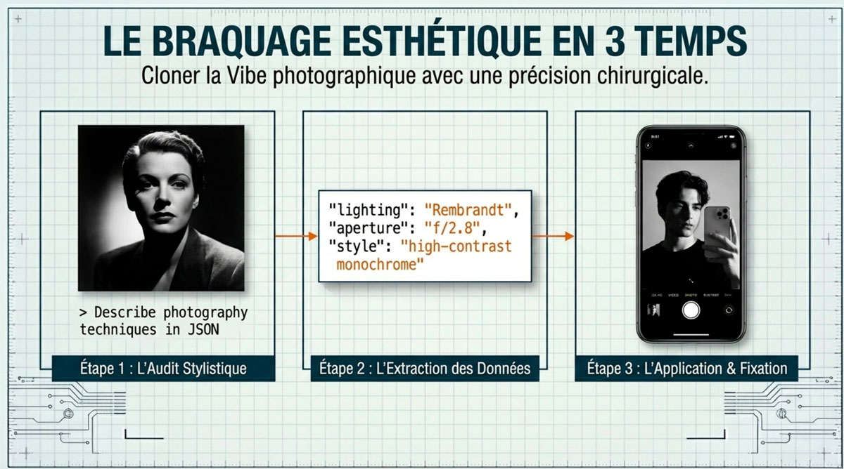Le braquage esthétique : transfert de style via JSON Les 3 étapes du clonage de style photographique par JSON, d'une photo de studio classique à un selfie sur smartphone.