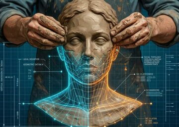 Mains de sculpteur modelant un visage en argile dont la moitié inférieure se transforme en maillage numérique lumineux et données techniques.