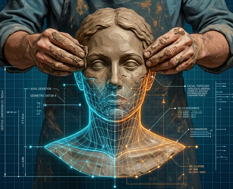 Mains de sculpteur modelant un visage en argile dont la moitié inférieure se transforme en maillage numérique lumineux et données techniques.